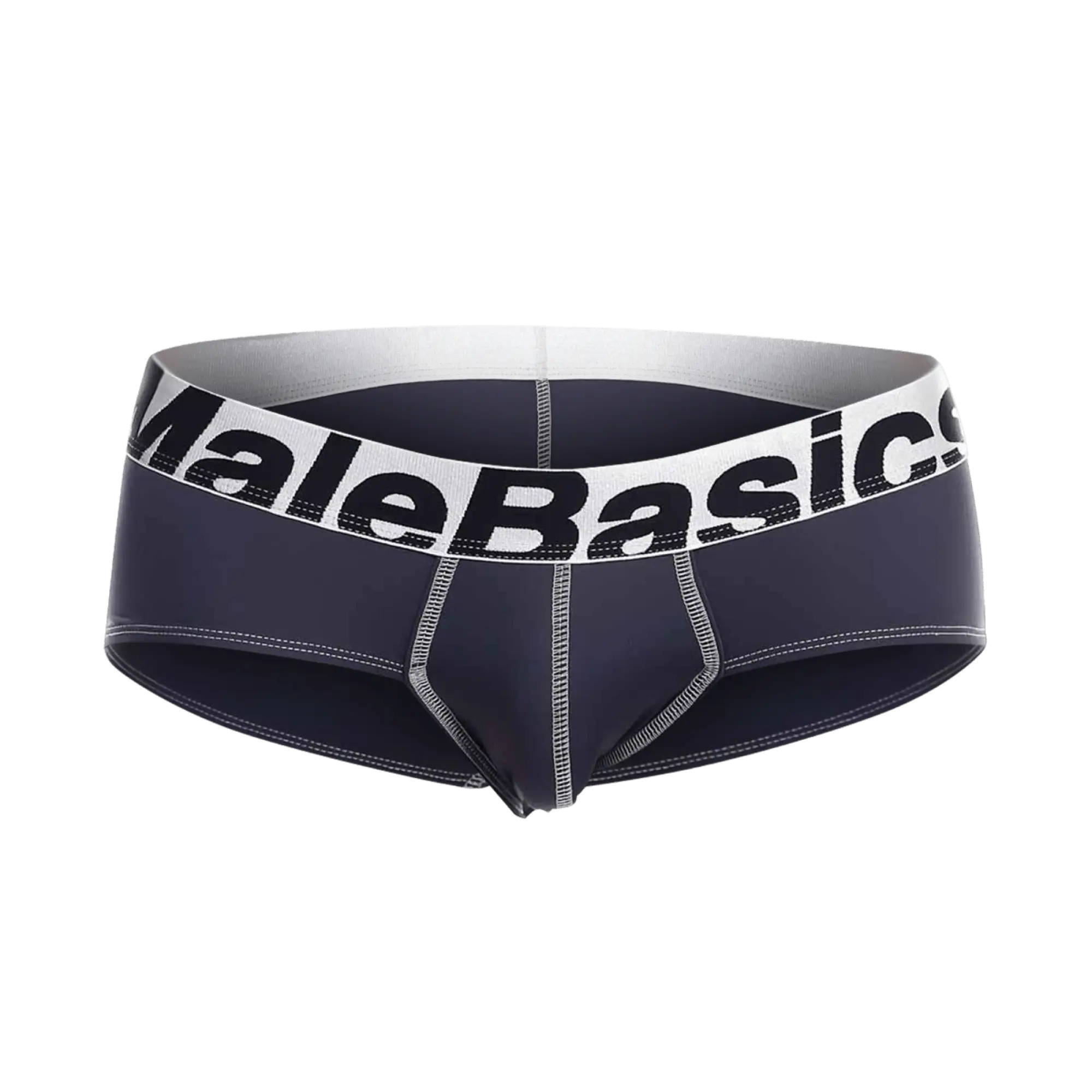 Malebasics microfiber brief in dark navy blue with white elastic waistband black lettering and silver stitching