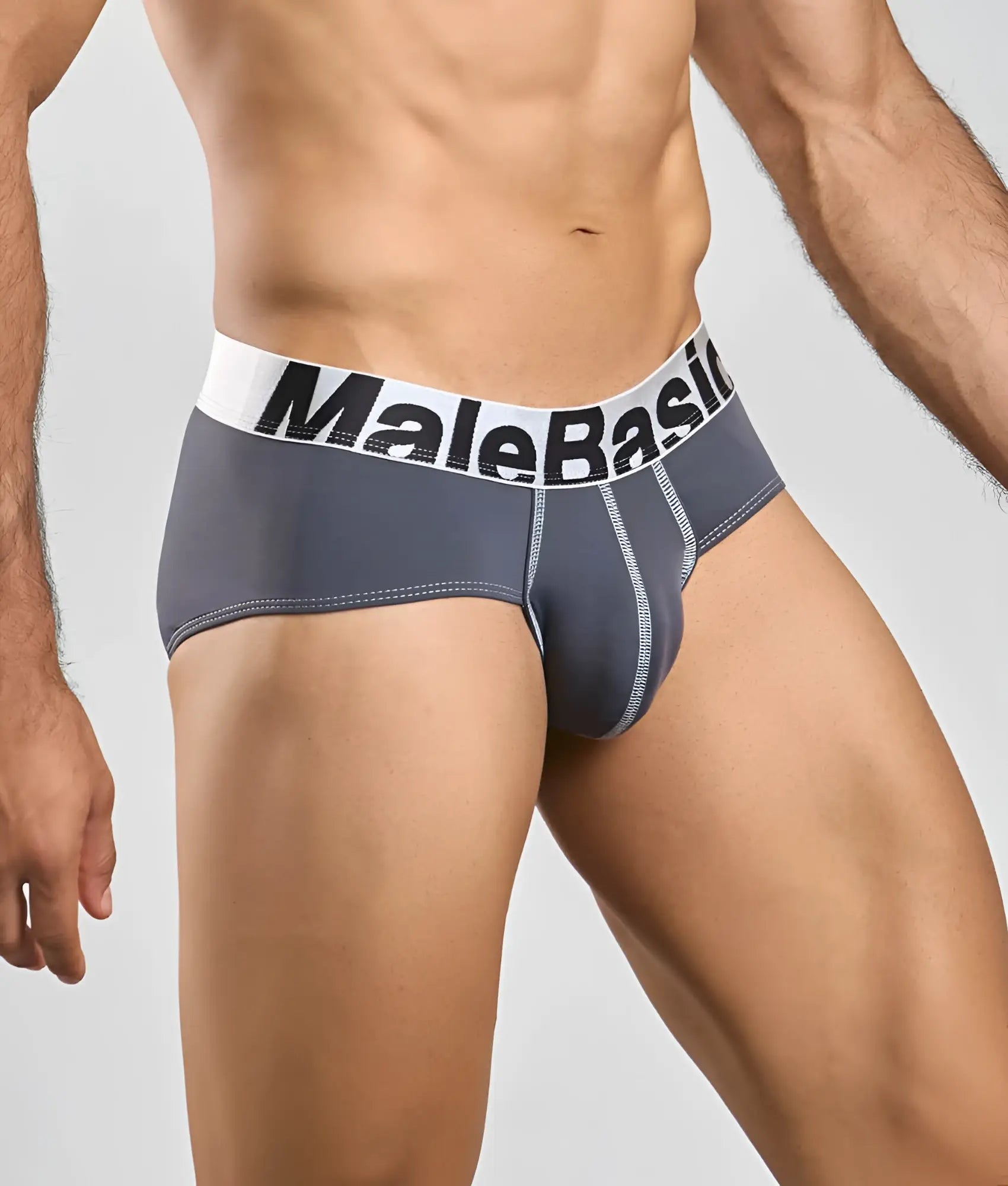 Gray malebasic microfiber briefs with a white waistband and black lettering for comfortable everyday wear