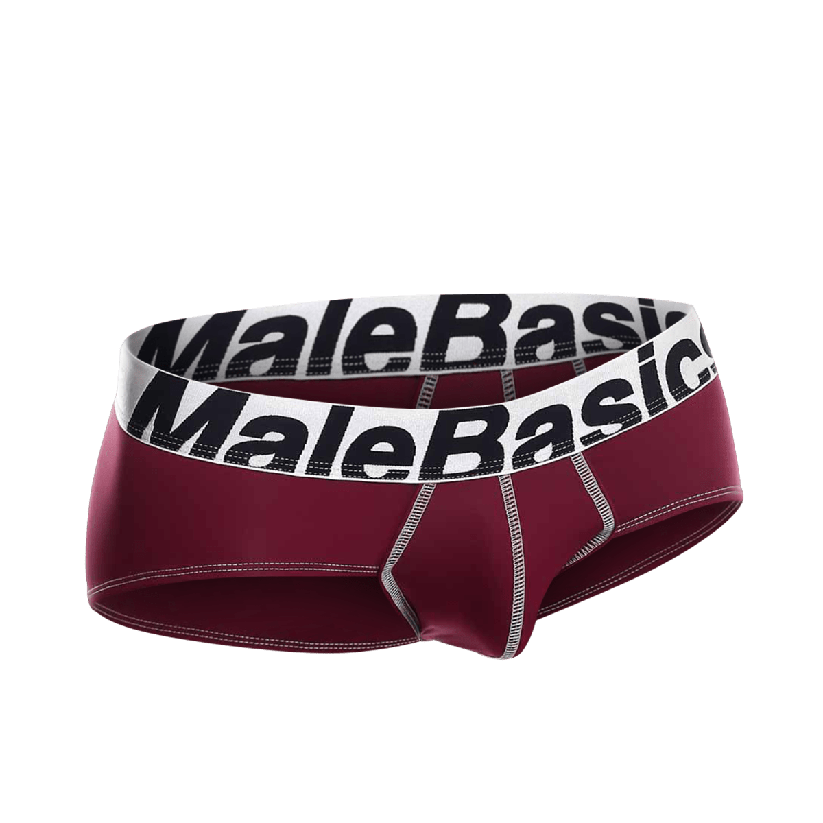 Maroon malebasics microfiber brief with white waistband black lettering and silver stitching along the seams