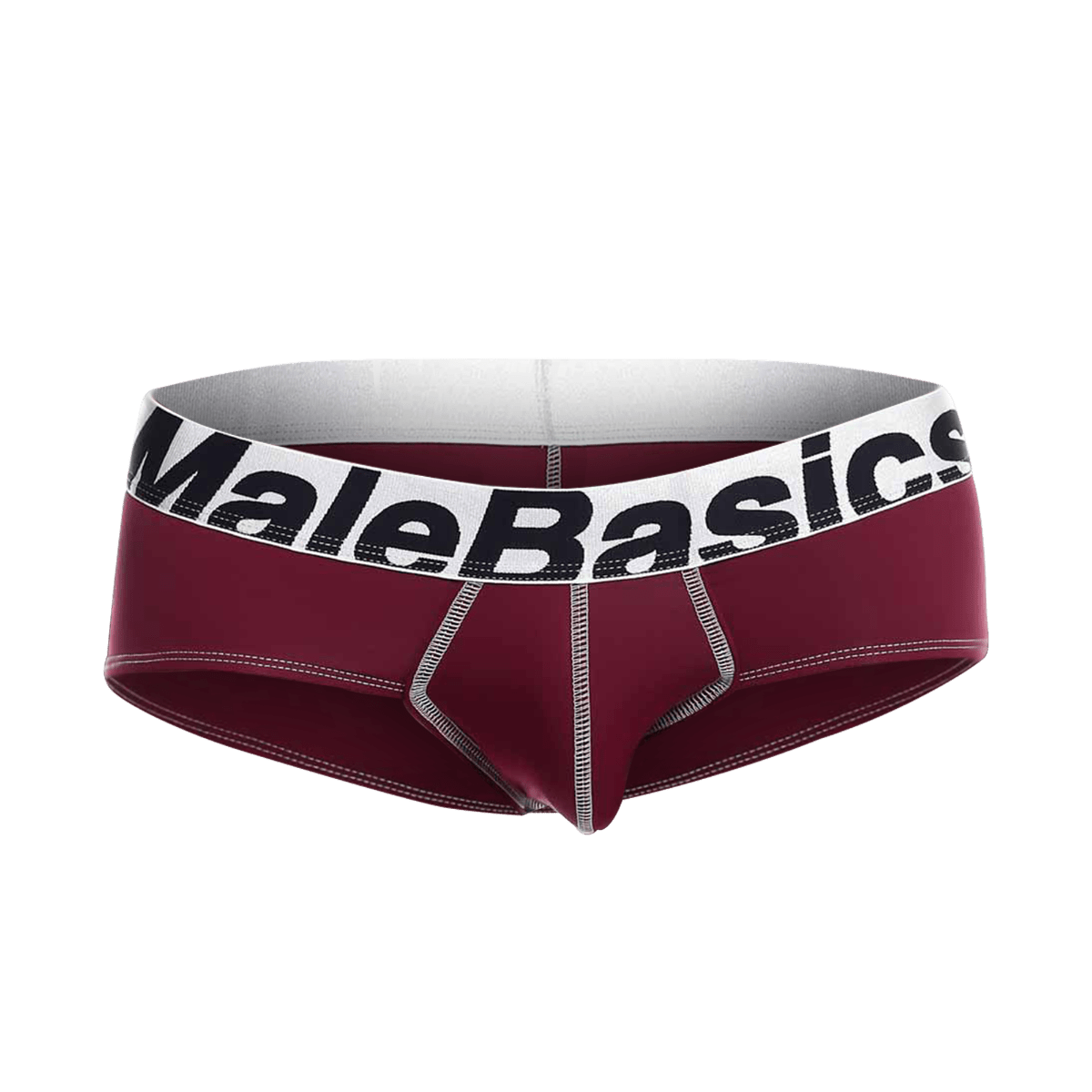Maroon malebasics microfiber briefs with a white waistband featuring black lettering and silver stitching front side view