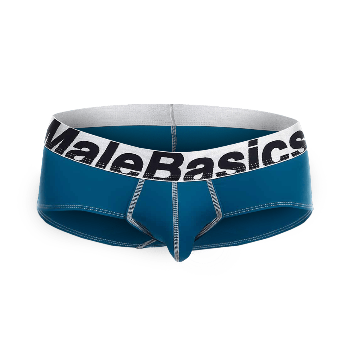 Blue malebasics microfiber briefs with white waistband, black lettering, and silver stitching for comfortable wear