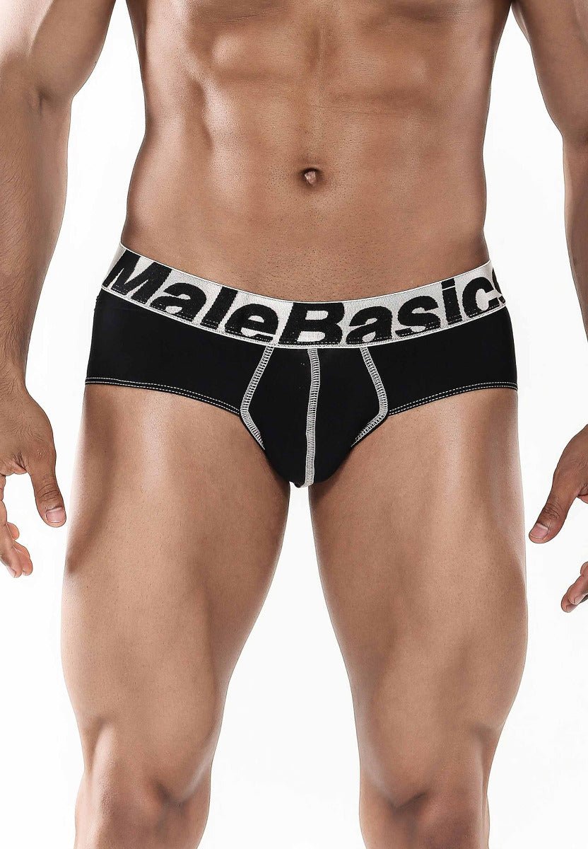 Black male basics microfiber briefs with white elastic waistband and silver stitching details front view