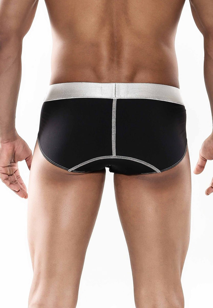 Black microfiber briefs with silver waistband and matching stitching details from malebasics microfiber brief collection