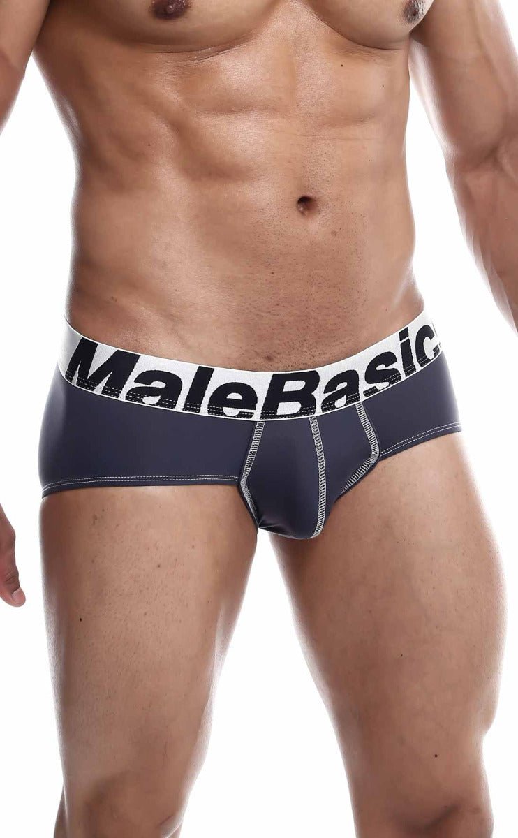Dark gray malebasic microfiber briefs with white waistband, bold black lettering, and silver stitching along seams