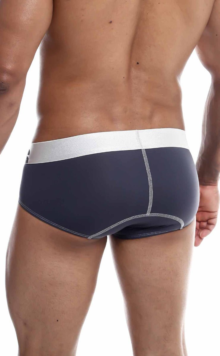 Navy blue malebasics microfiber brief with white waistband and light gray stitching along the seams