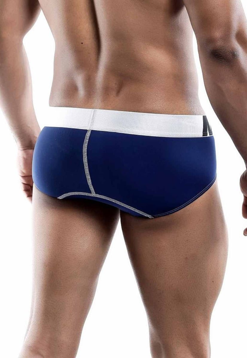 Malebasics microfiber brief in navy blue with white waistband and silver stitching for comfortable support