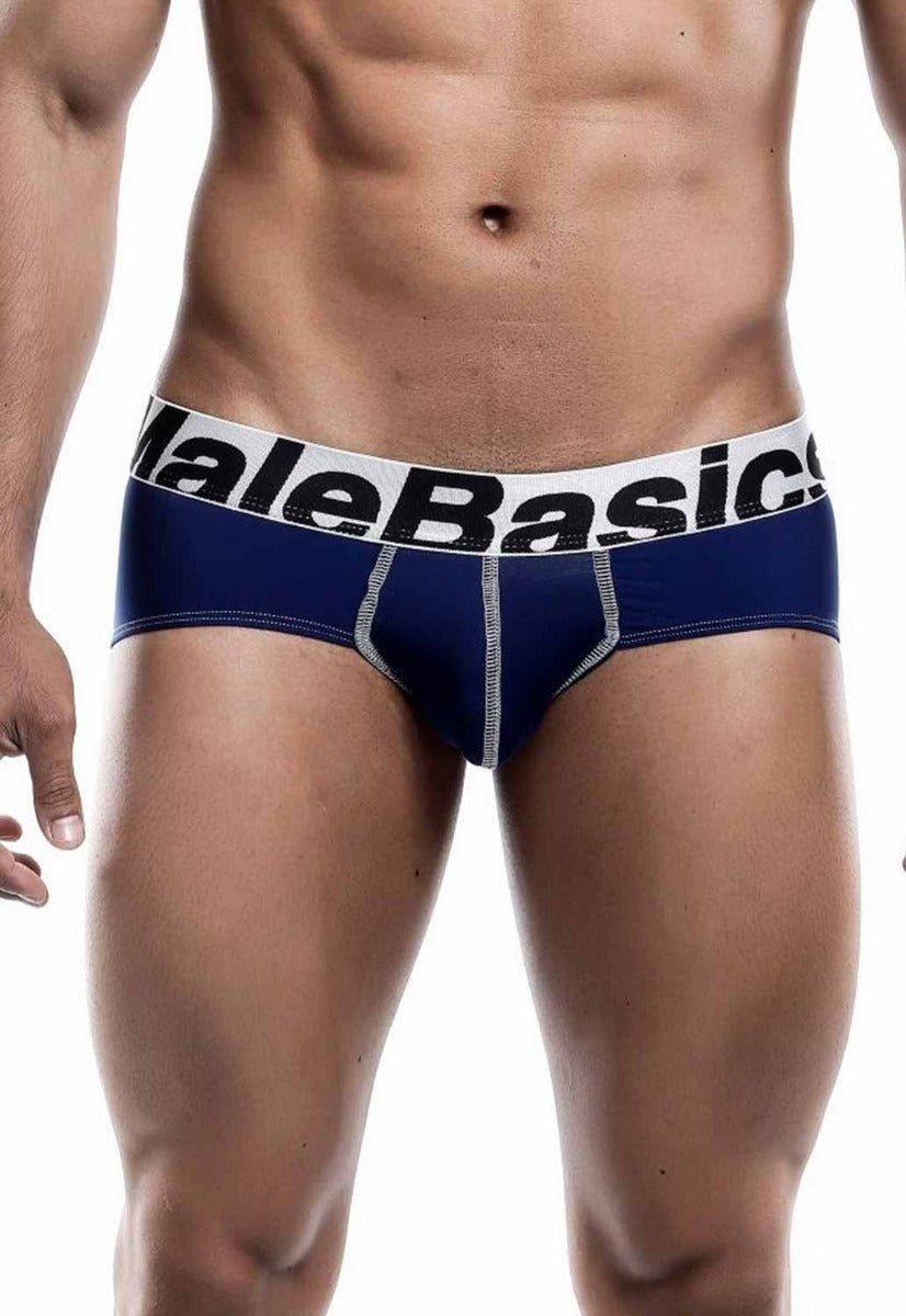 Navy blue malebasics microfiber brief with white waistband black lettering and silver stitching along the seams
