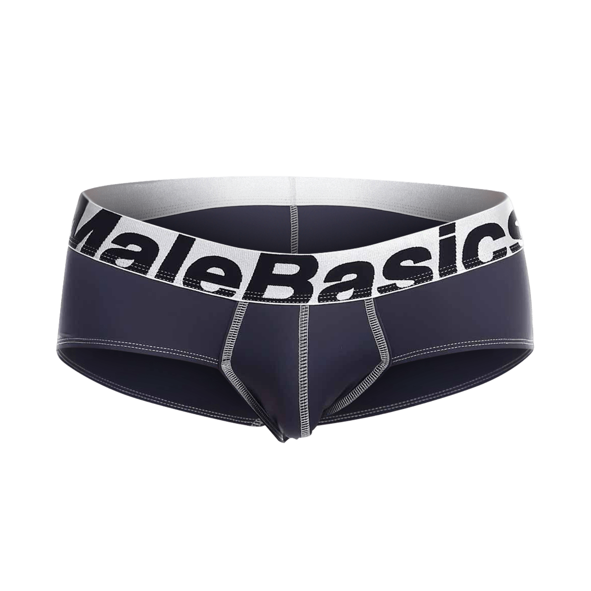 Dark navy blue MaleBasics microfiber briefs with white elastic waistband black lettering and silver contrast stitching