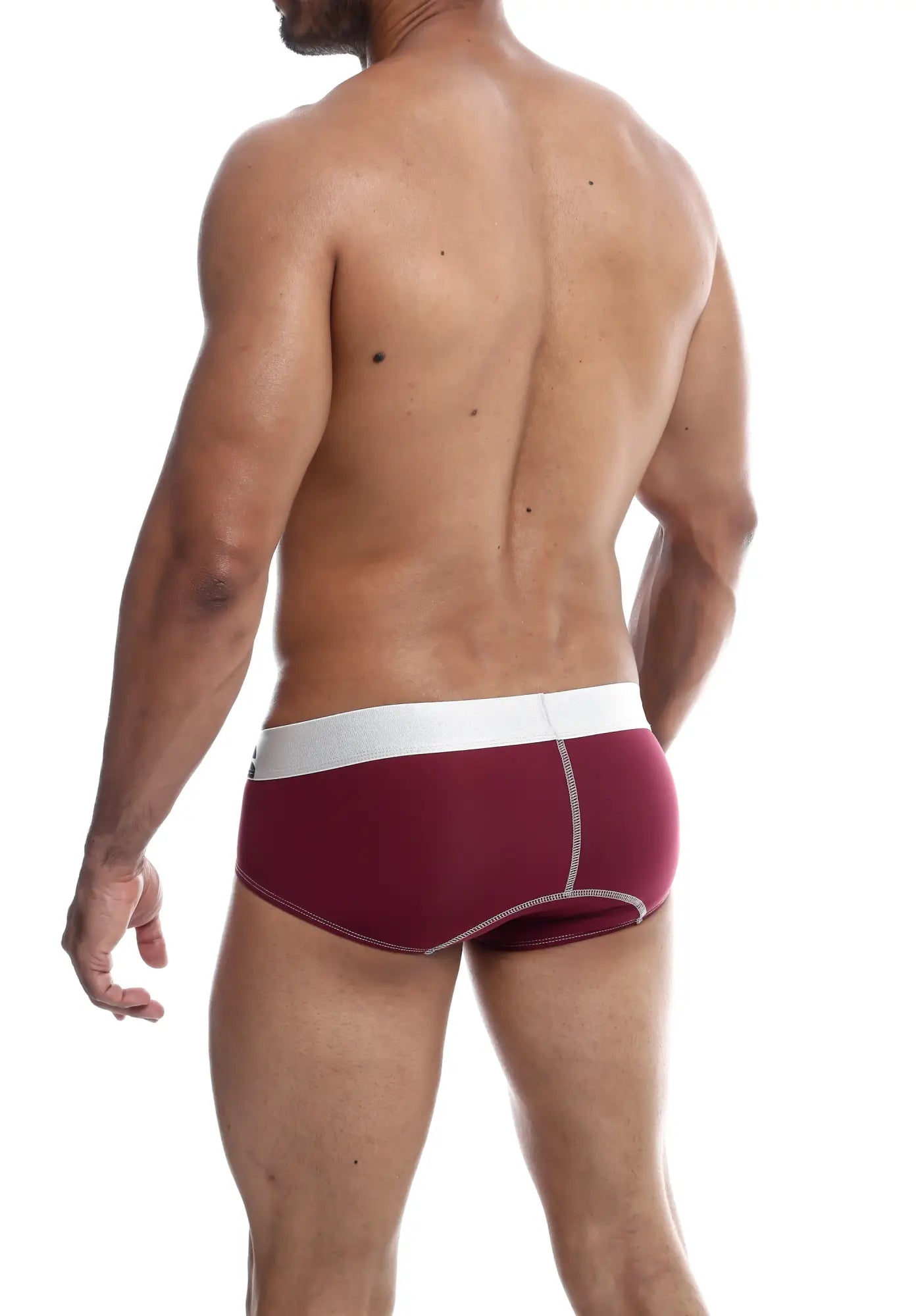 Malebasics microfiber brief maroon athletic brief with white waistband and contrasting stitching in microfiber material