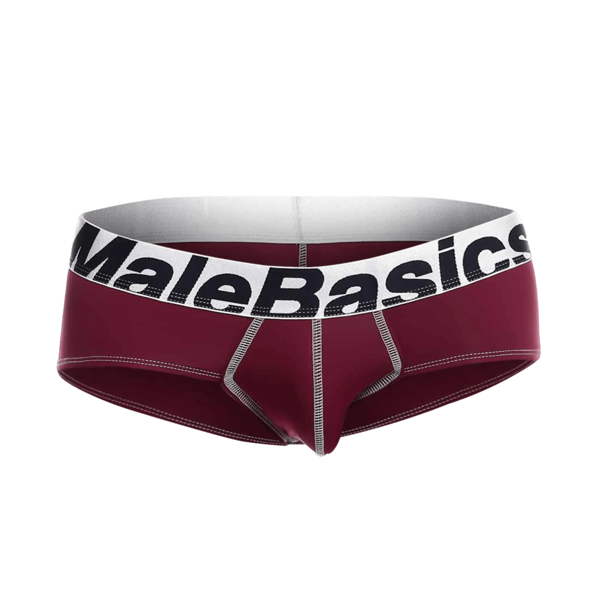 Maroon malebasics microfiber briefs with a white waistband featuring black lettering and silver stitching front side view