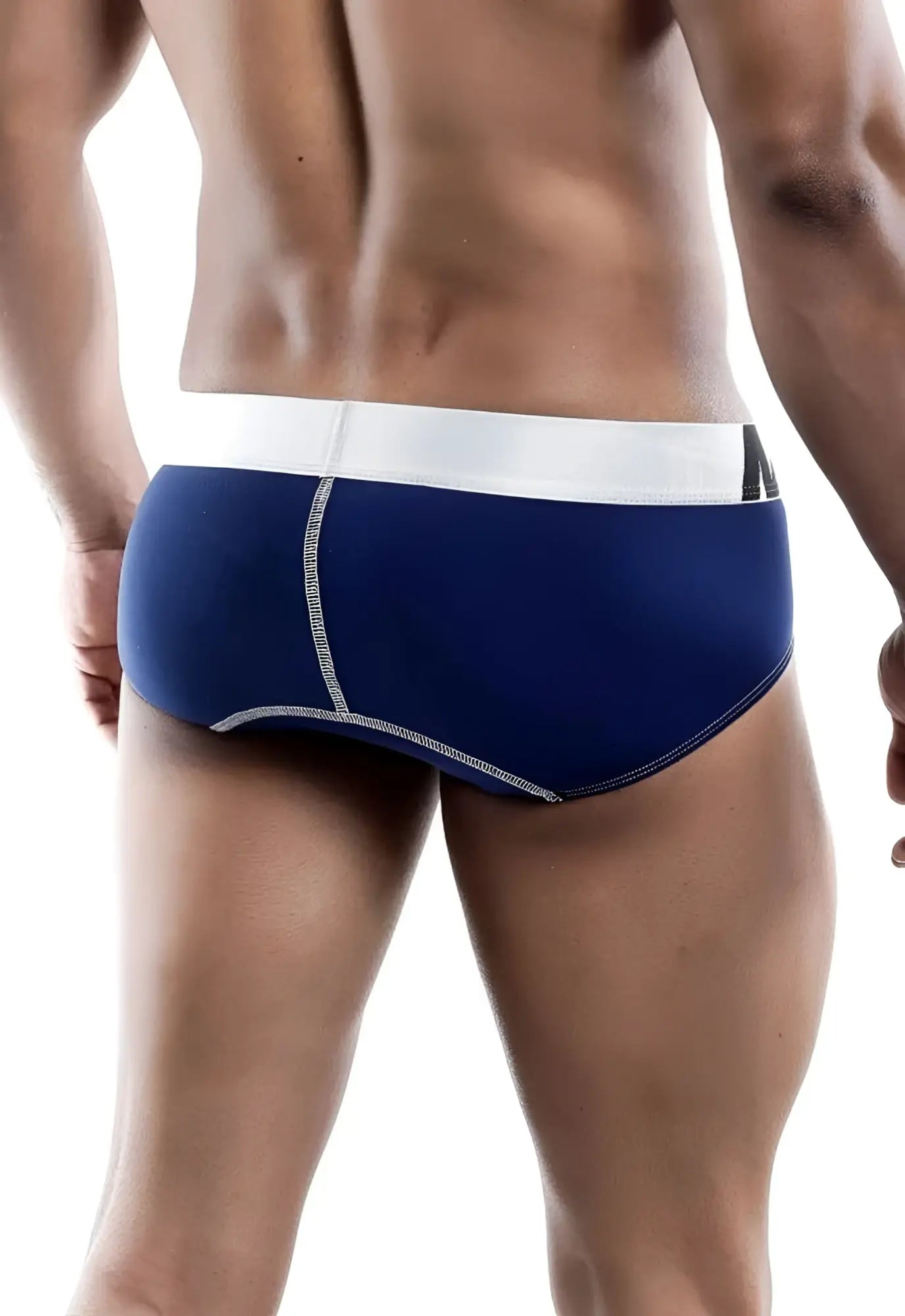 Malebasics microfiber brief in navy blue with white waistband and silver stitching for comfortable support