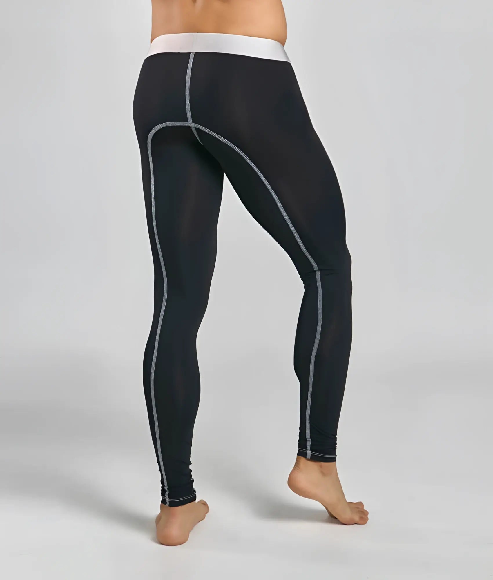 Malebasics microfiber longjohn black athletic leggings with white elastic waistband and gray side stitching