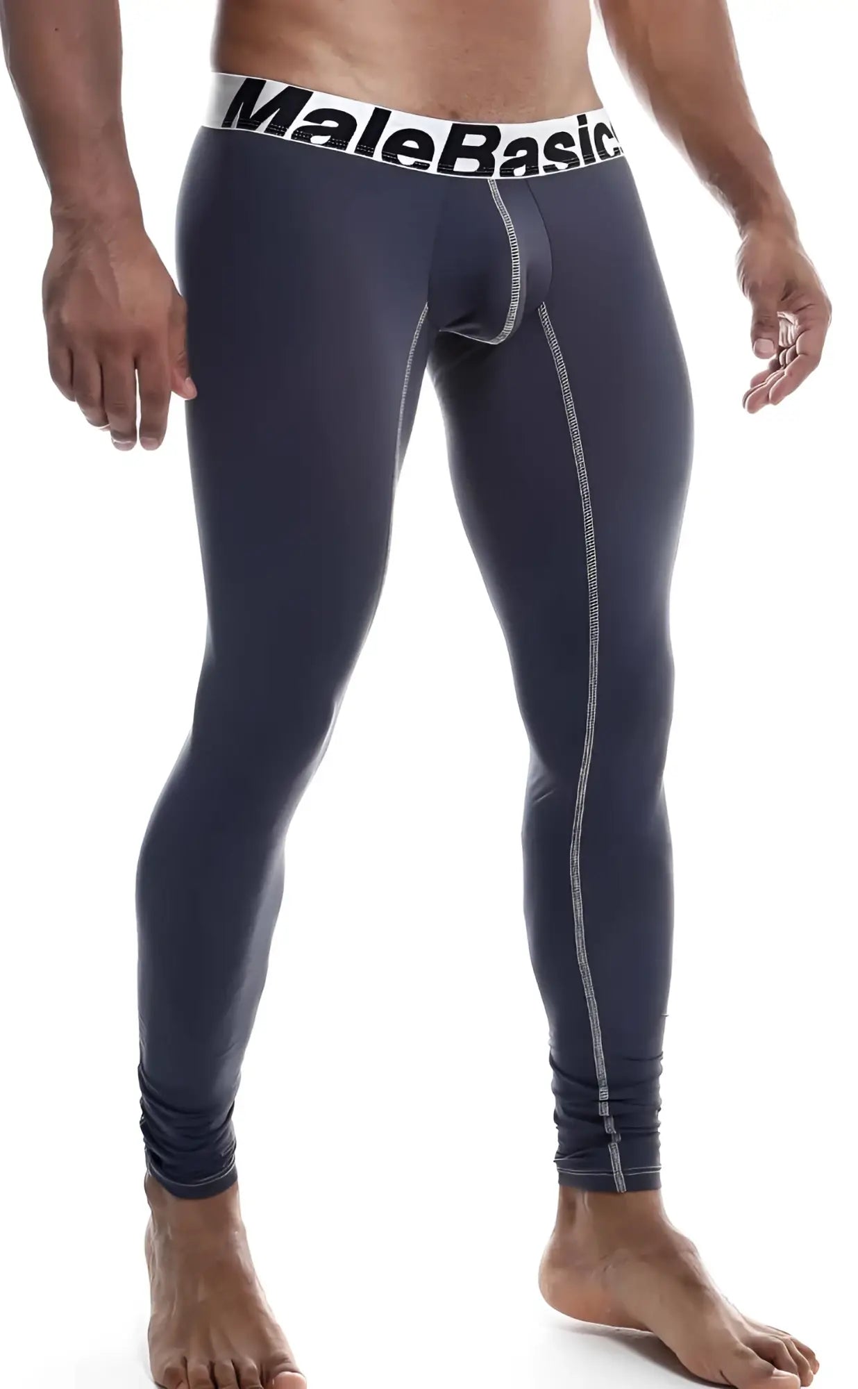 Dark navy blue malebasics microfiber longjohn compression tights with white elastic waistband and gray stitching