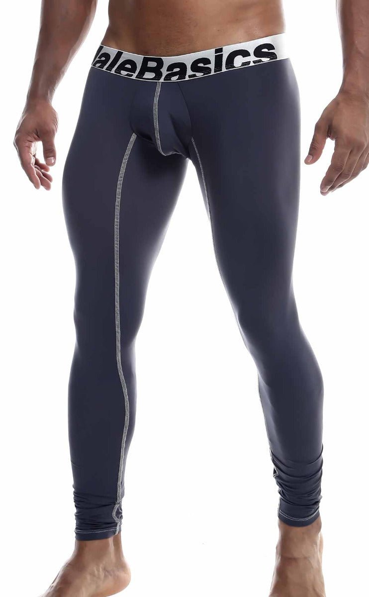 Malebasics microfiber longjohn dark gray form-fitting leggings with white stitching and white waistband with alebasics branding