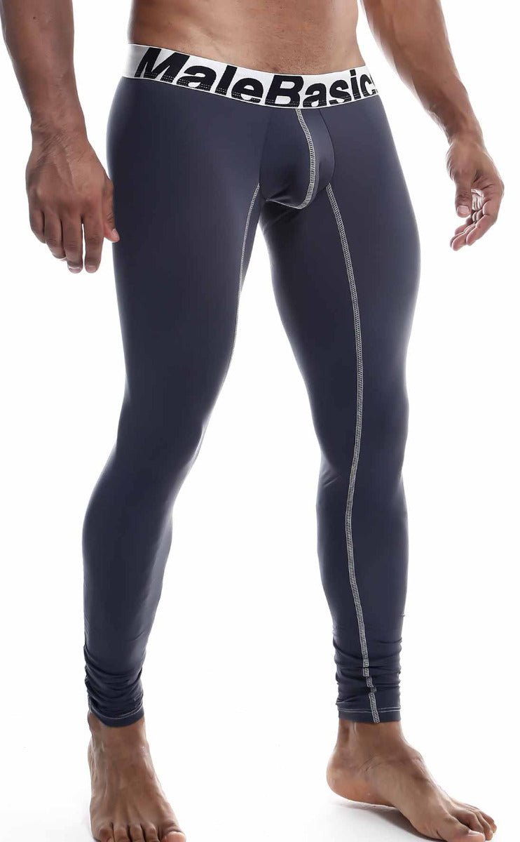 Dark navy blue malebasics microfiber longjohn compression tights with white elastic waistband and gray stitching