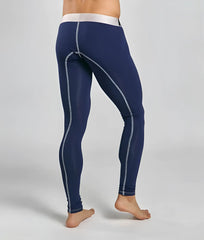 Malebasics microfiber longjohn navy blue compression leggings with white stitching and contrasting white waistband