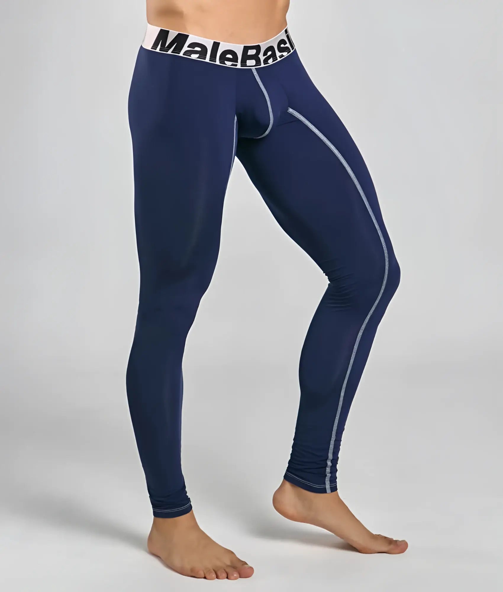 Navy blue malebasics microfiber longjohn compression leggings with white trim and stitching details