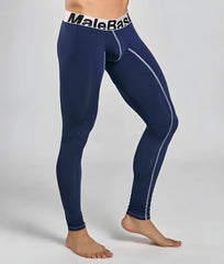 Navy blue malebasics microfiber longjohn compression leggings with white trim and stitching details
