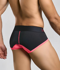 Black athletic briefs with vibrant pink trim mesh detailing and subtle brand logo on the waistband malebasics neon brief