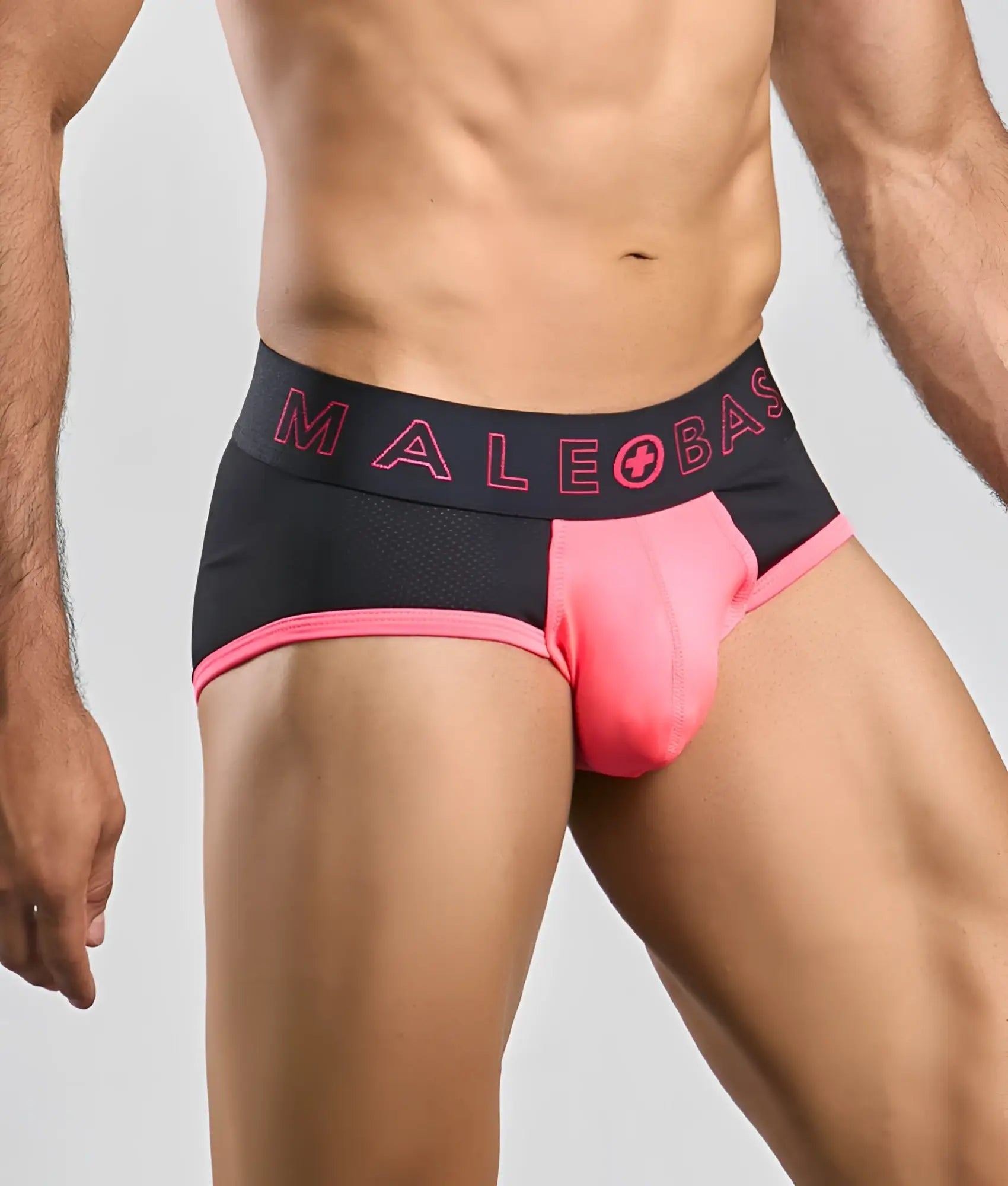 Black and pink malebasics neon brief athletic brief with mesh waistband and bright pink male+base logo
