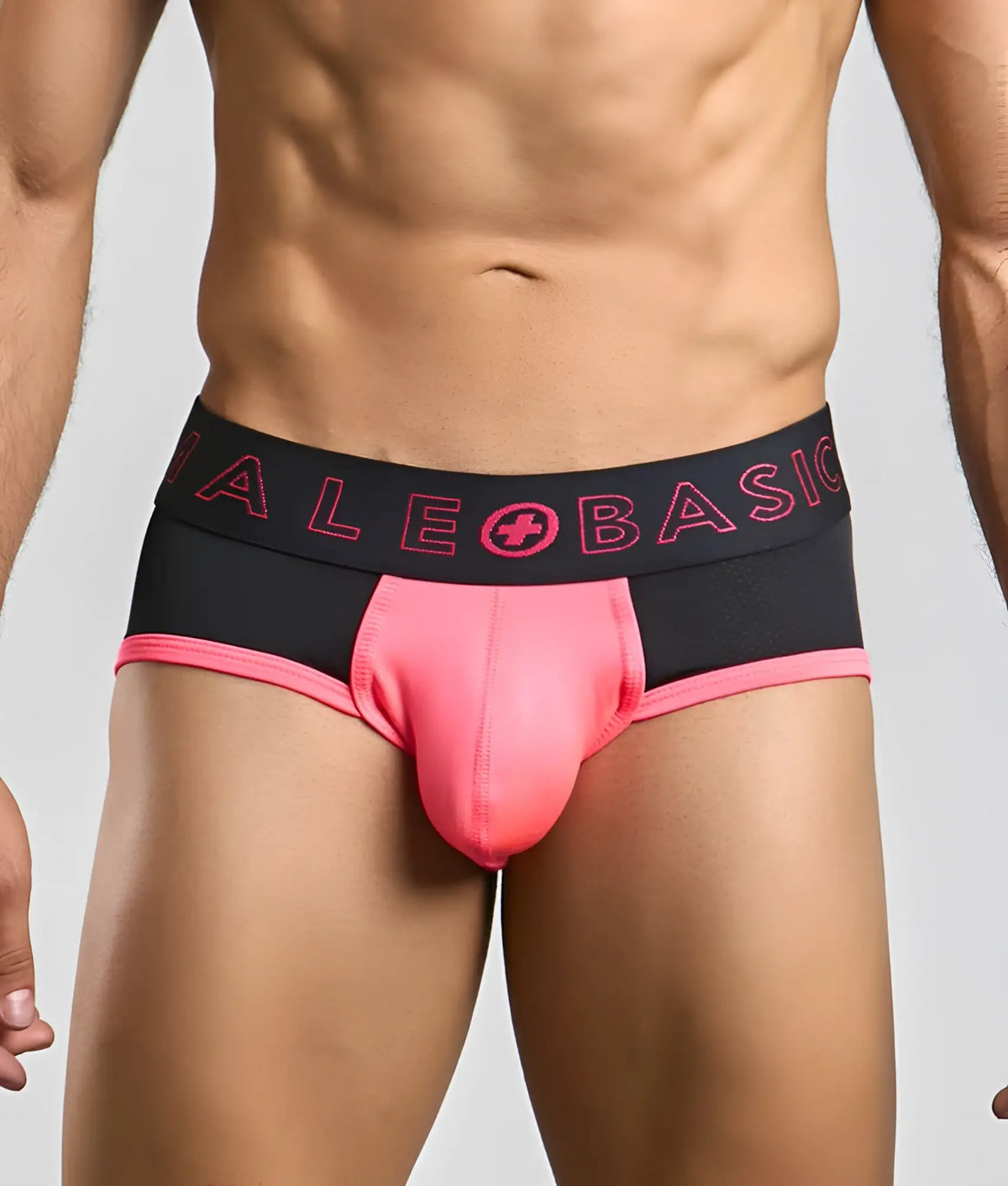 Black and pink male basics neon brief with bold neon pink ale basic logo on waistband for everyday comfort