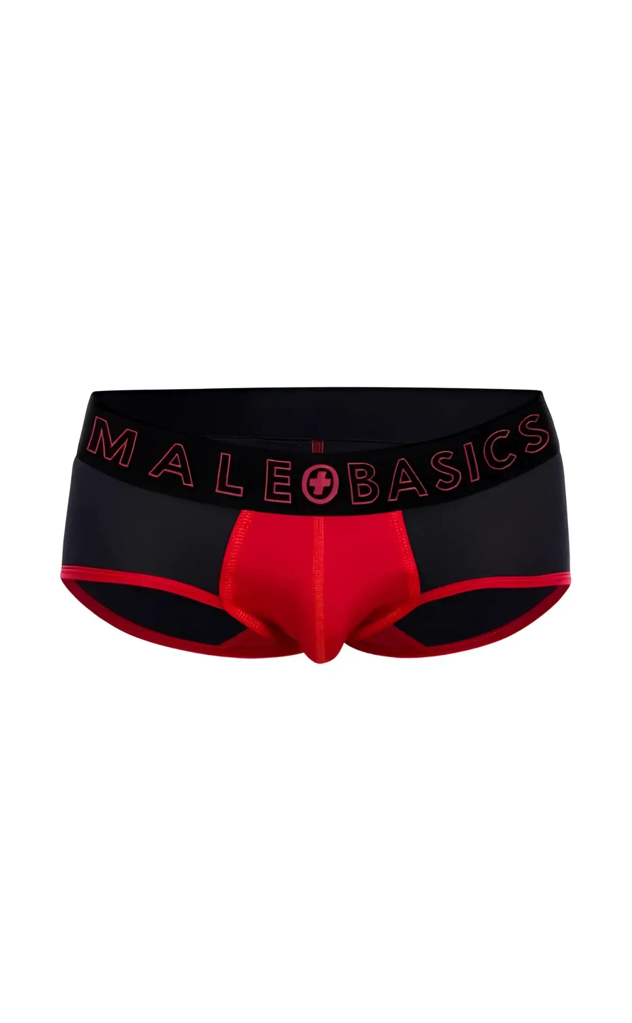 Black and red malebasics neon briefs with a bold logo waistband in soft breathable fabric for everyday comfort