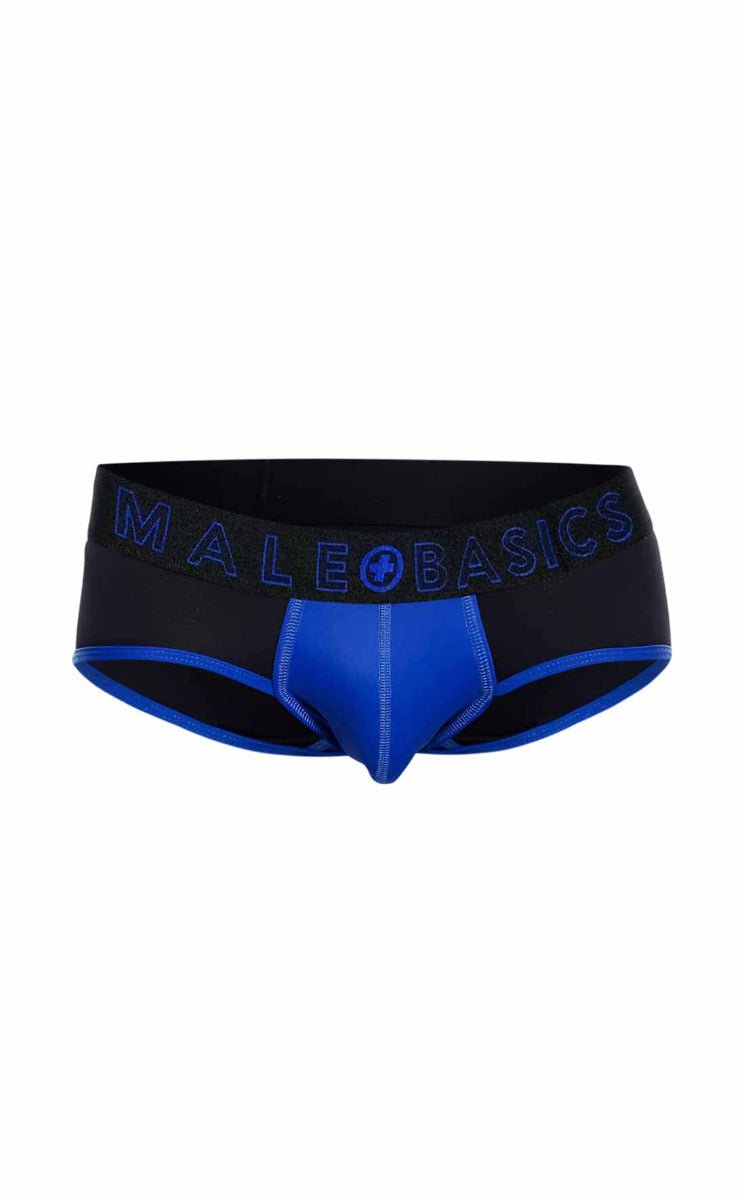 Black and royal blue male basics neon brief men’s briefs with matching blue branding on the waistband