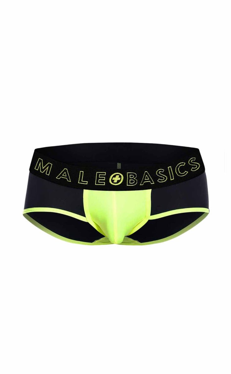 MaleBasics neon brief black and neon yellow male basics briefs with bold contrasting design front view