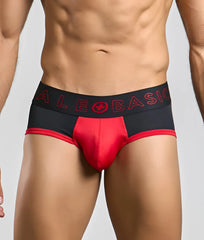 MaleBasics neon brief red and black athletic briefs with a mesh waistband featuring the alebasic logo in red lettering