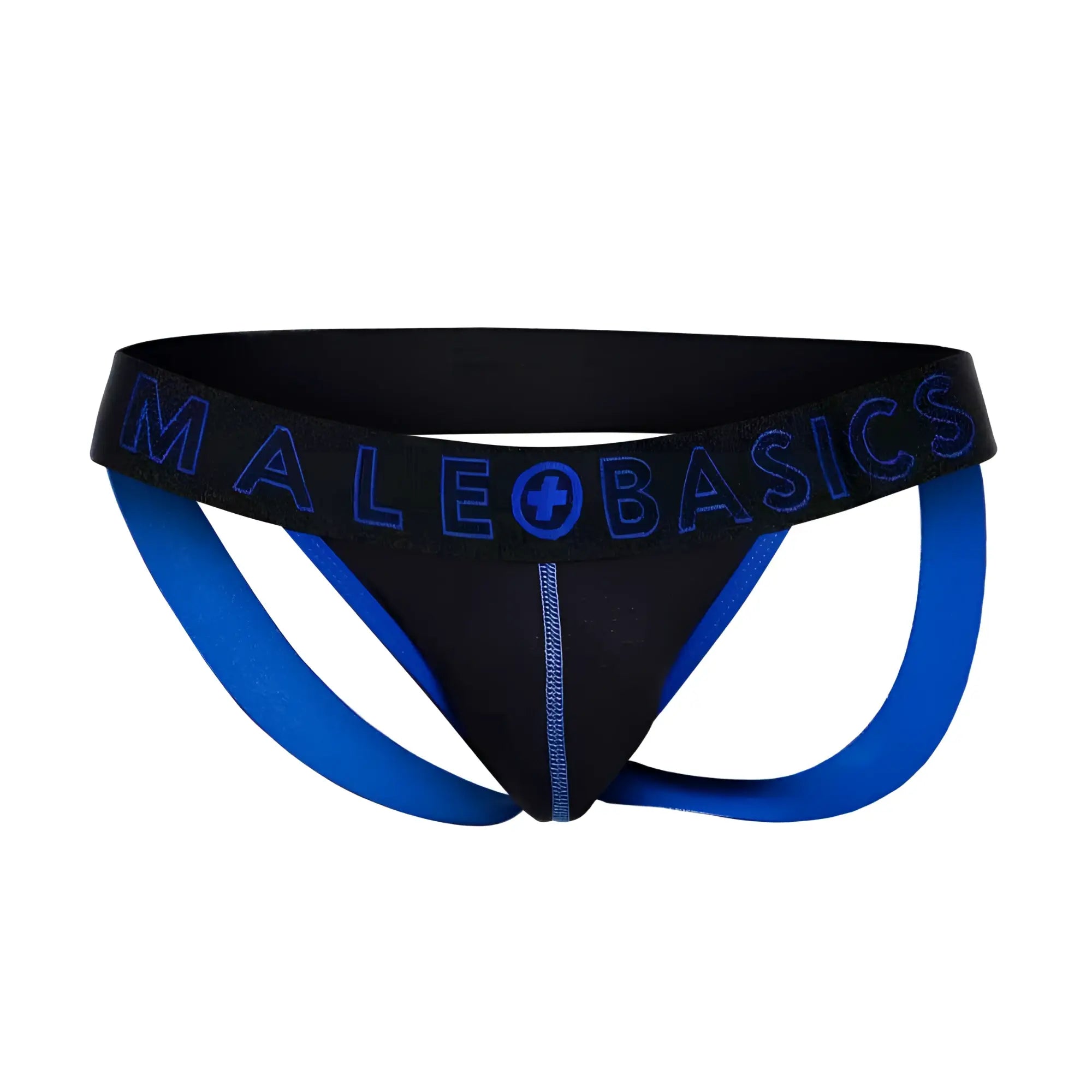 Black and blue male basics neon jock athletic briefs with bold logo band for comfortable activewear use
