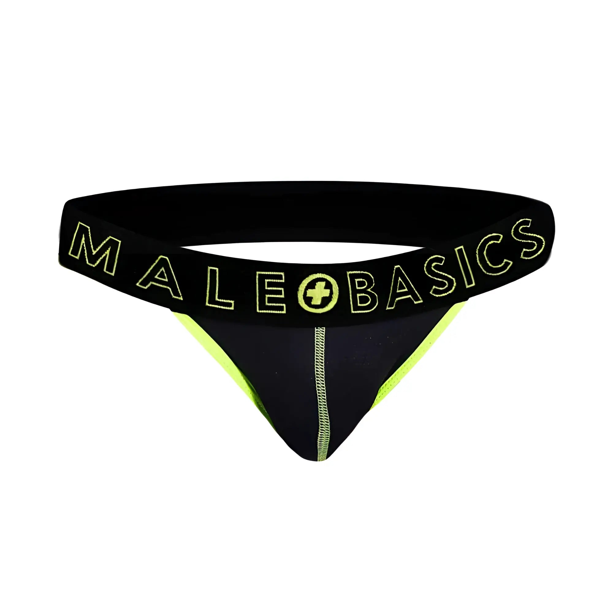 Black and neon green male basics thong with bold logo band showcasing back side of neon jock new colors design