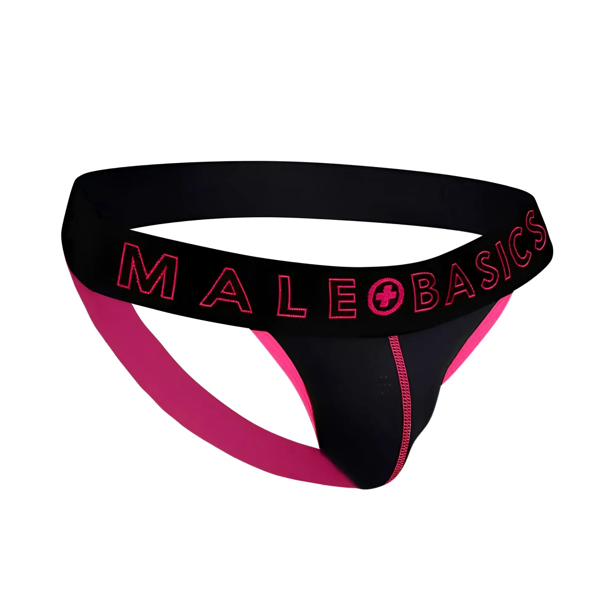 Black and pink male basics neon jock thong with bold logo trim showing the back side of the underwear