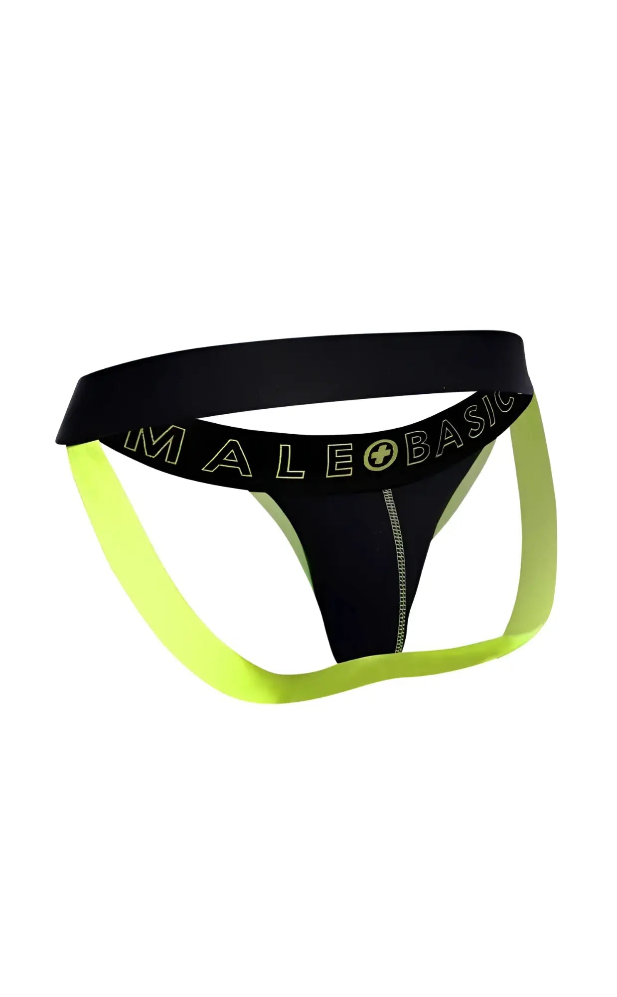 Malebasics neon jock new colors black and neon yellow male thong with bold contrasting design shown from front view