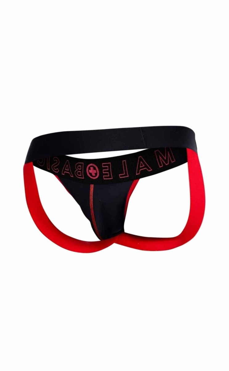 Black and red male briefs with bold contrasting design and pink male basic branding on waistband from malebasics neon jock collection