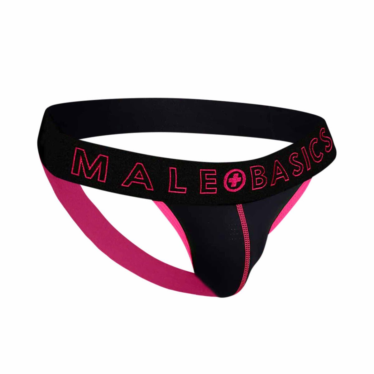 Black and pink male basics neon jock thong with bold logo trim showing the back side of the underwear