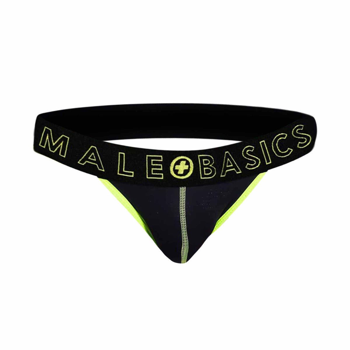 Black and neon green male basics thong with bold logo band showcasing back side of neon jock new colors design