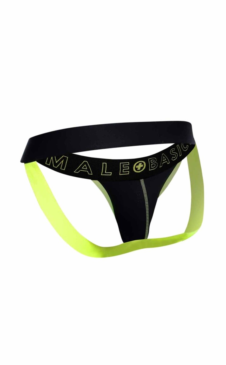 Black and neon yellow male basics neon jock thong with bold contrasting design shown from the back side
