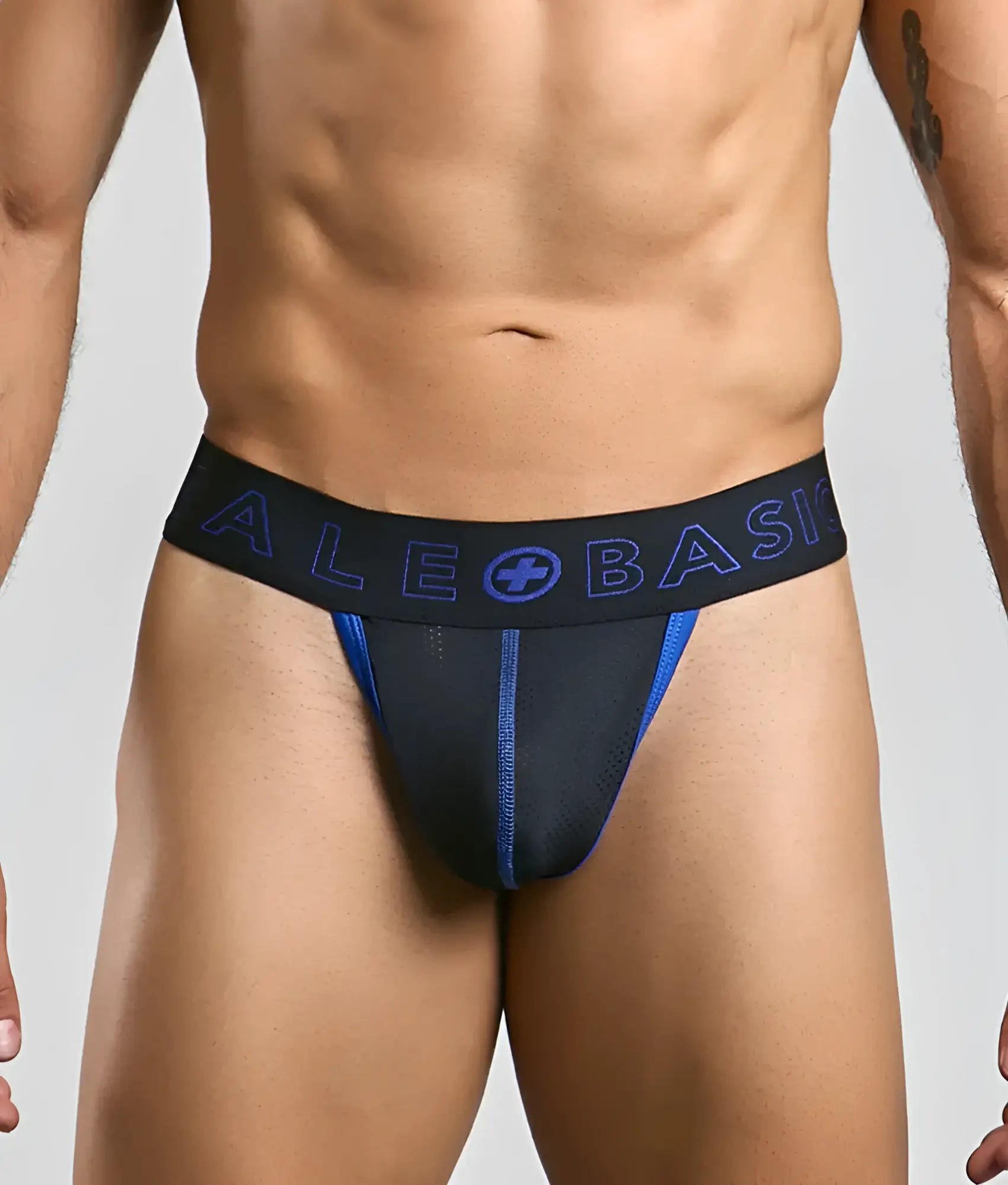 Black and blue malebasics neon thong athletic briefs with branded waistband for comfortable activewear use