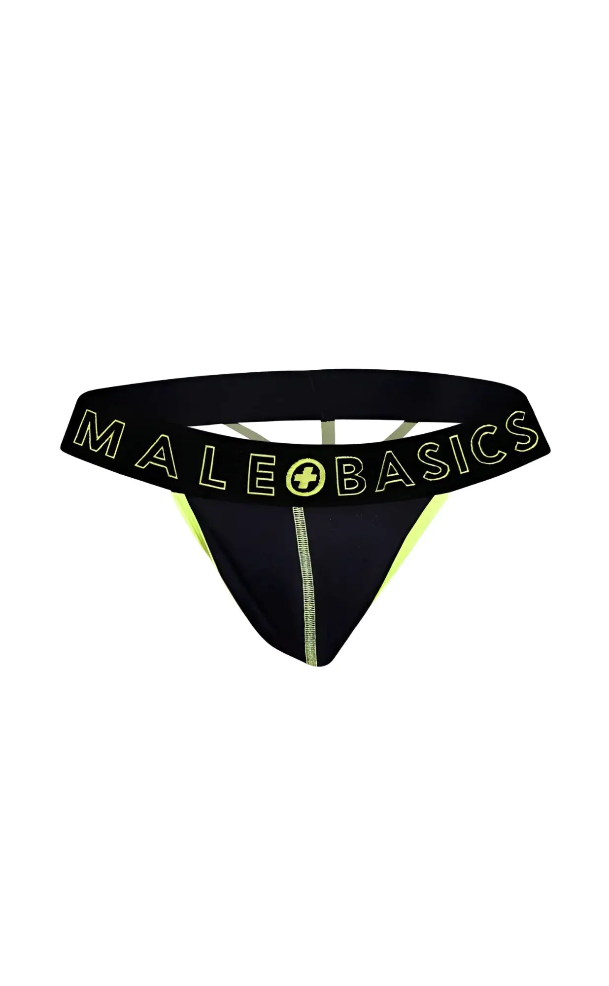 Black male basics neon thong with neon yellow trim and central seam designed for comfortable daily wear