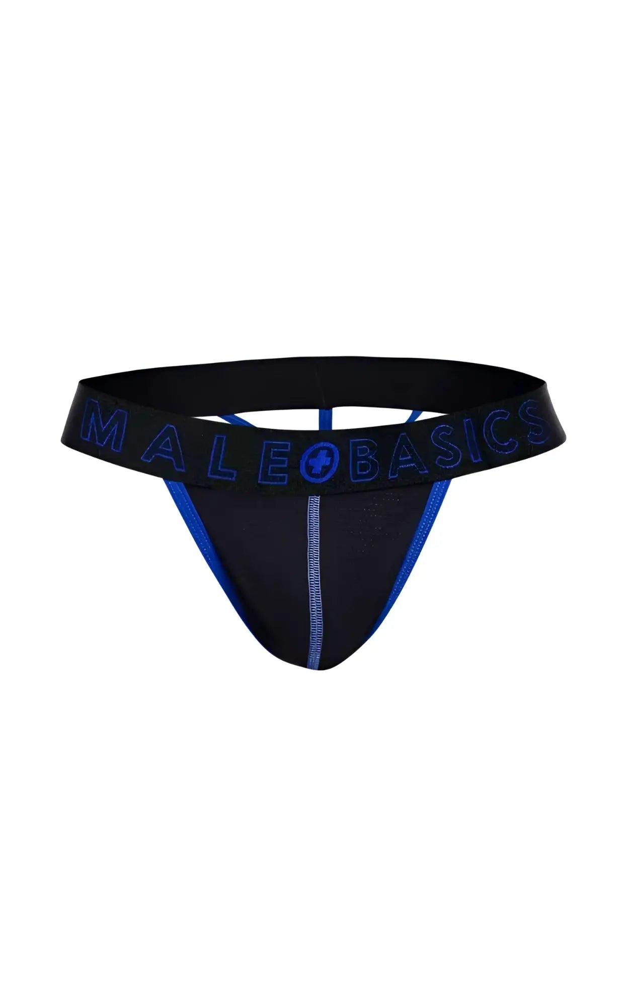 Black male basics neon thong with blue trim and logo detailing made from soft breathable fabric for everyday wear