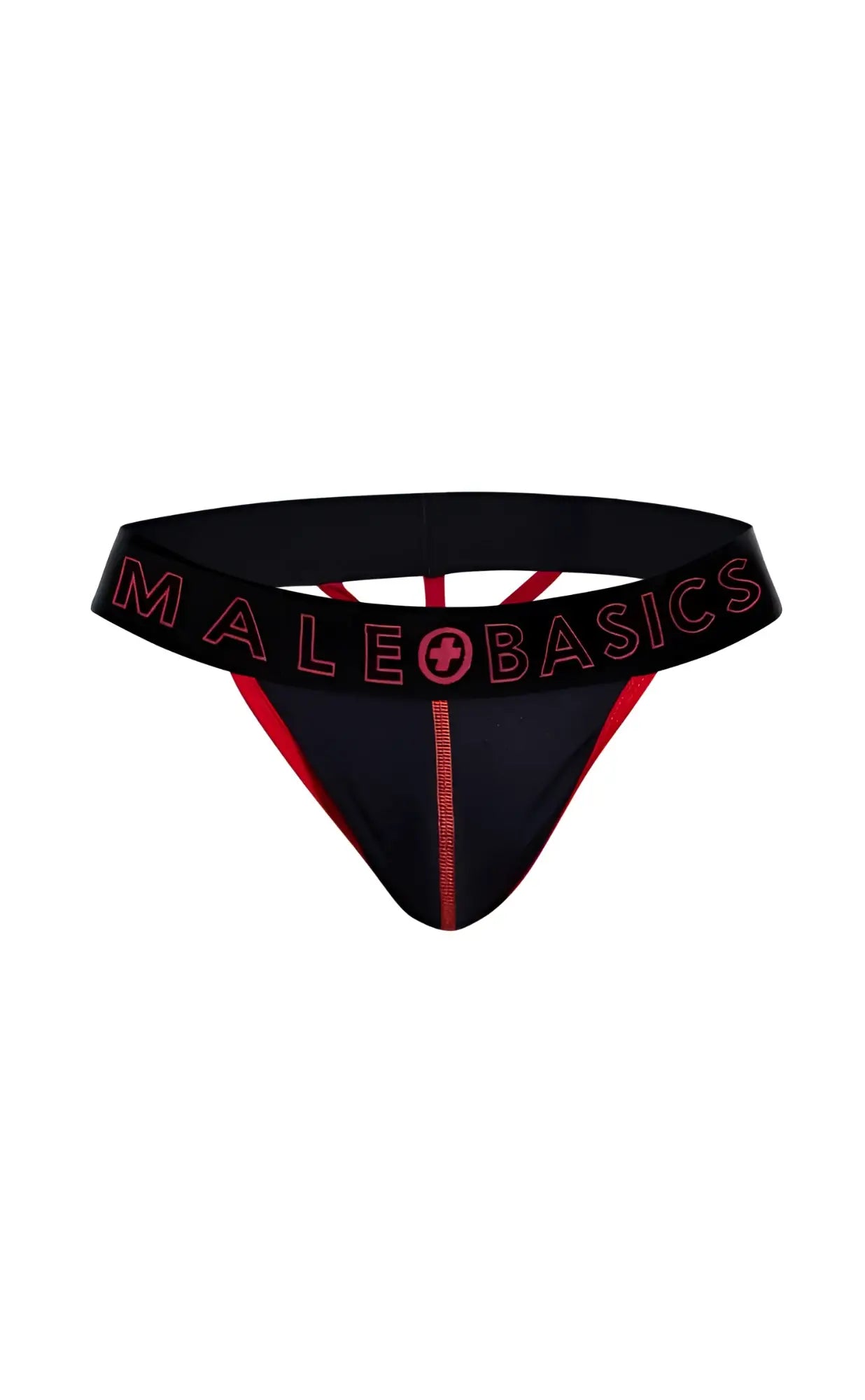 Black male basics neon thong with red trim and logo detailing front view in comfortable stretchy fabric