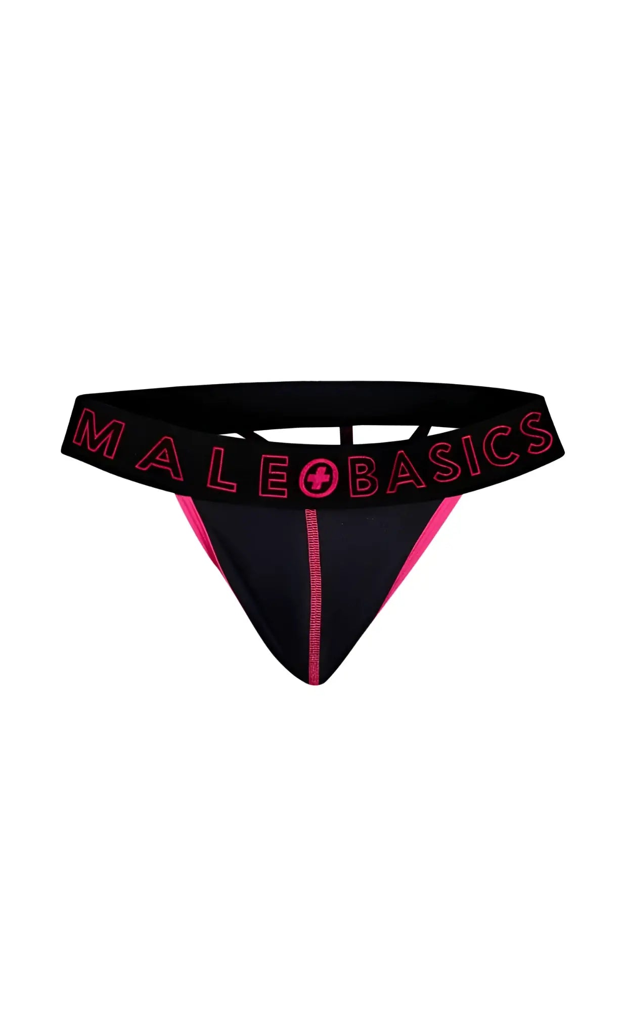 Black and pink male basics neon thong with bold logo band designed for comfortable everyday wear