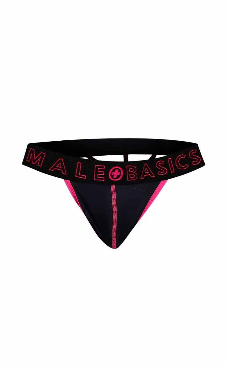 Black and pink male basics neon thong with bold logo band shown from the back for comfortable everyday wear