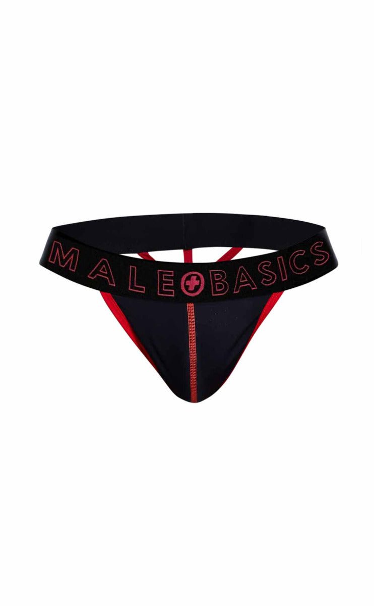 Black male basics neon thong with red trim and logo detailing front side in a comfortable fit design