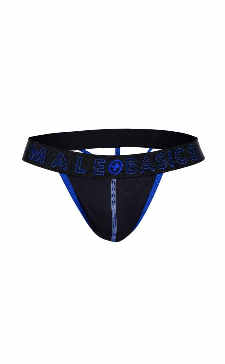 Black male basics neon thong with blue trim and logo detailing shown from the back side