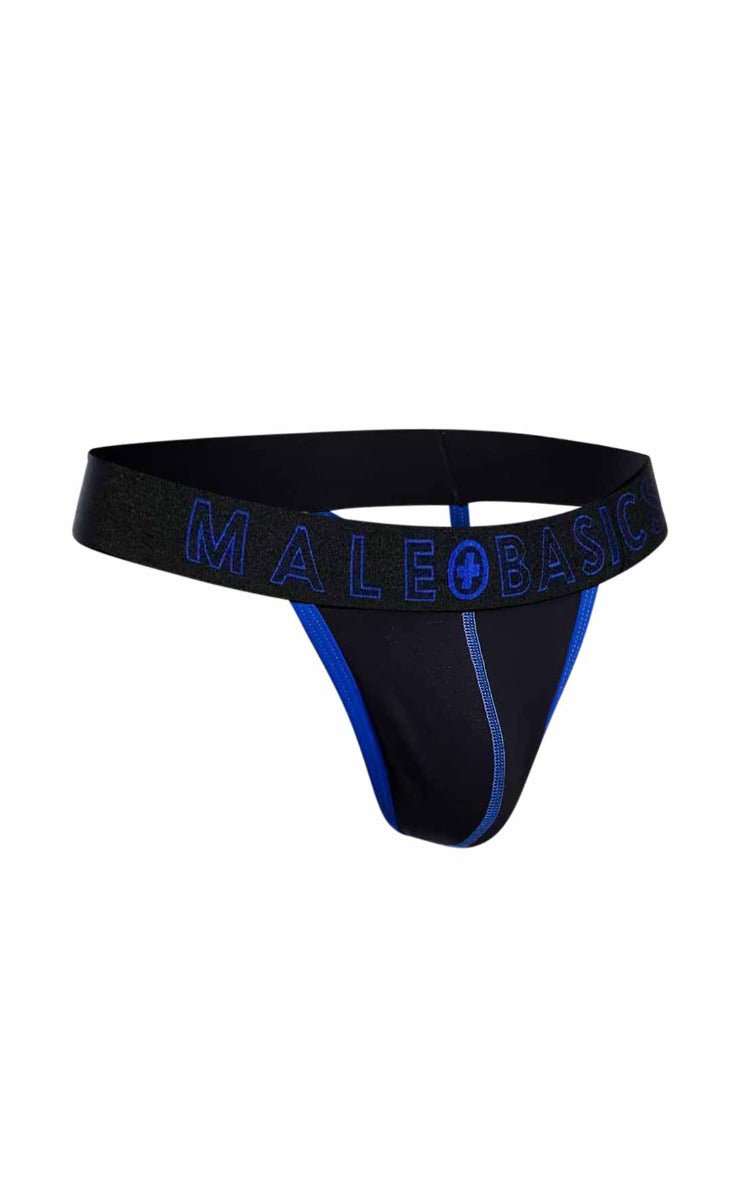 Black male basic thong with blue trim and logo by malebasics neon thong showing front view
