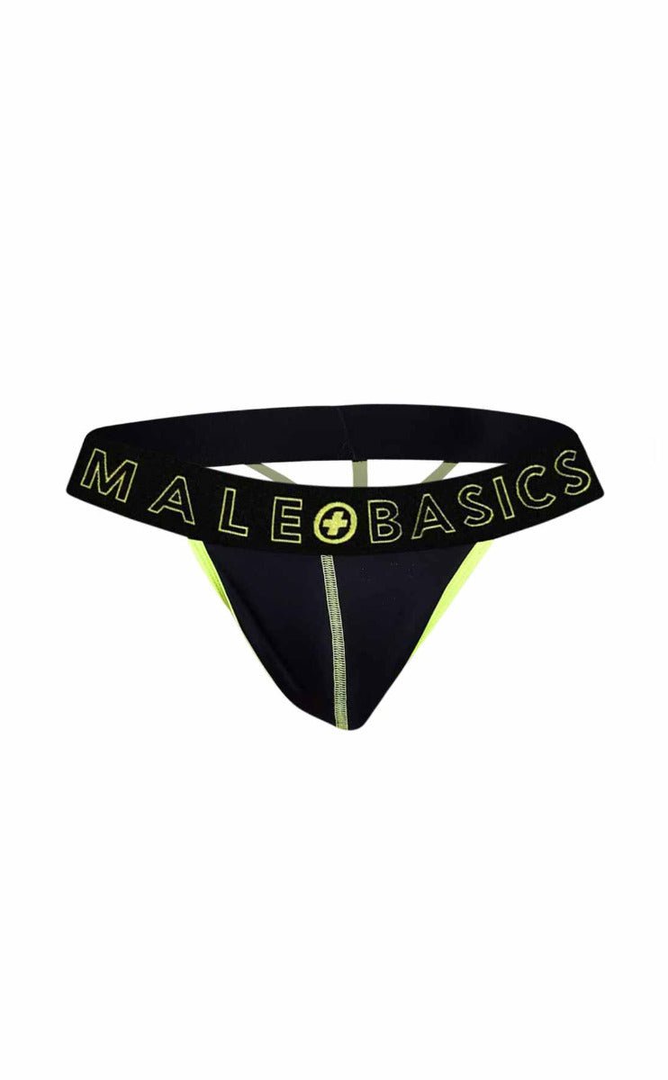 Black male basics neon thong with neon yellow trim and central seam designed for comfortable daily wear