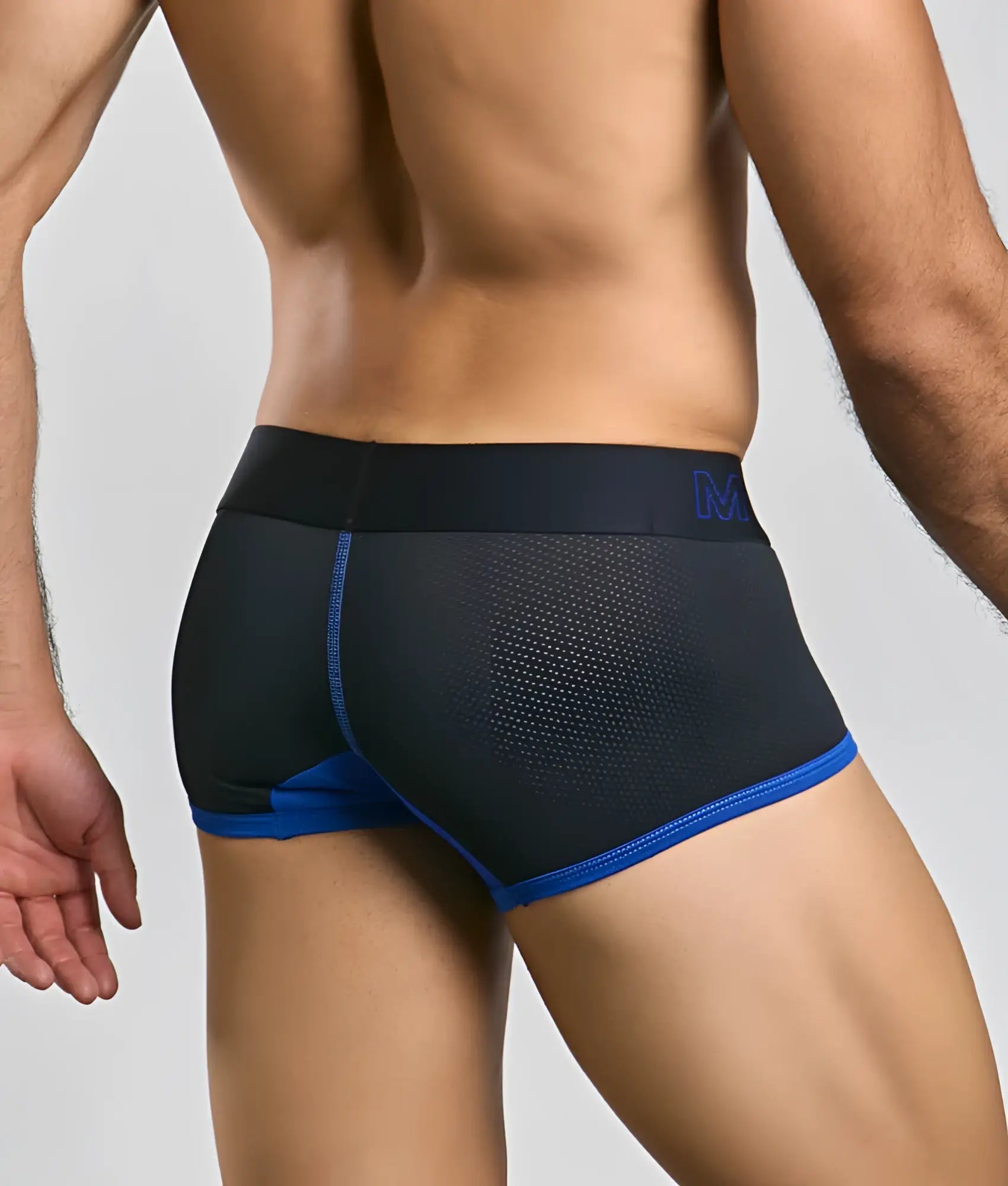 Malebasics neon trunk black athletic briefs with blue mesh panels trim and subtle logo on waistband