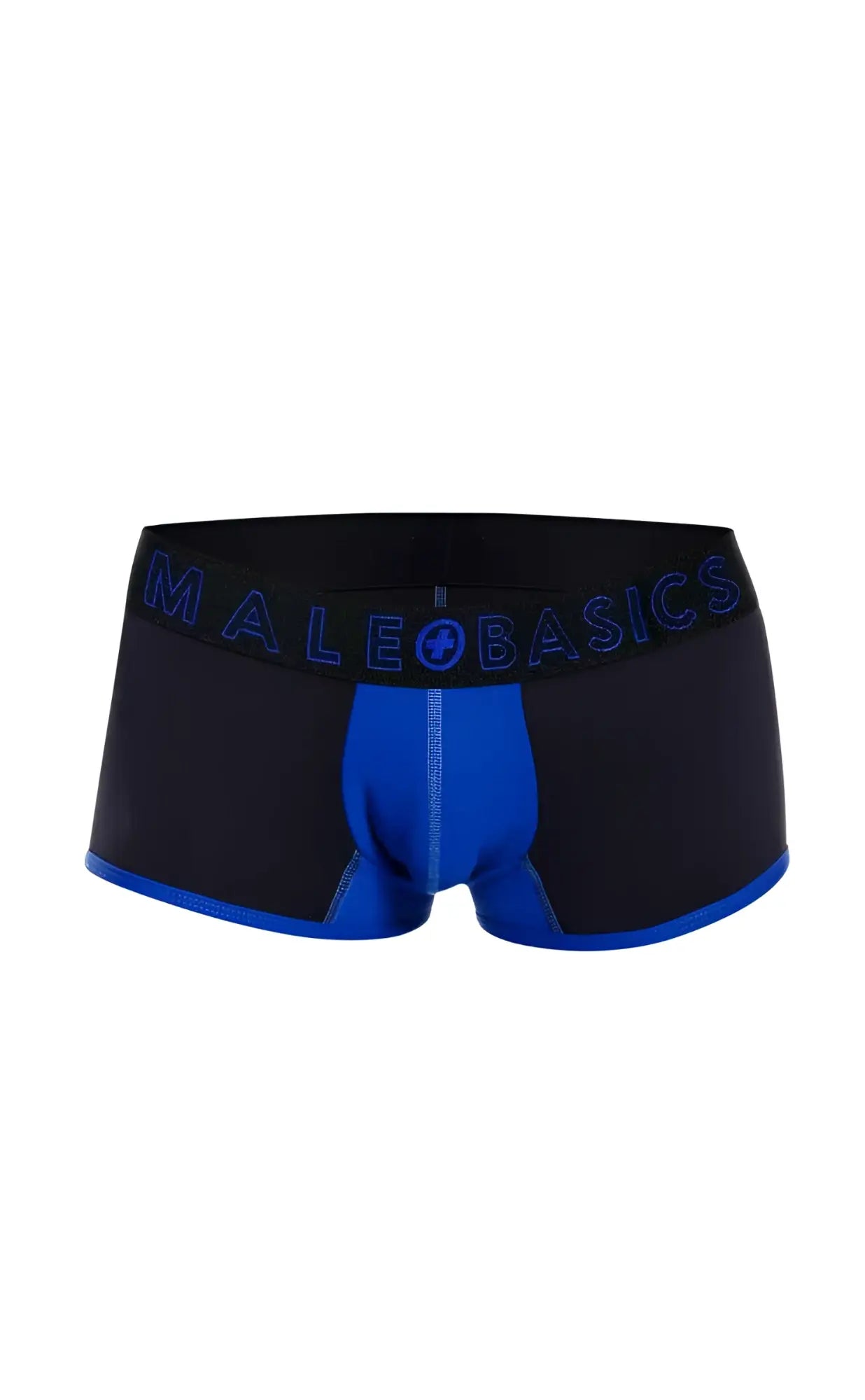 MaleBasics neon trunk boxer briefs in black and blue with a contrasting royal blue front panel for everyday comfort