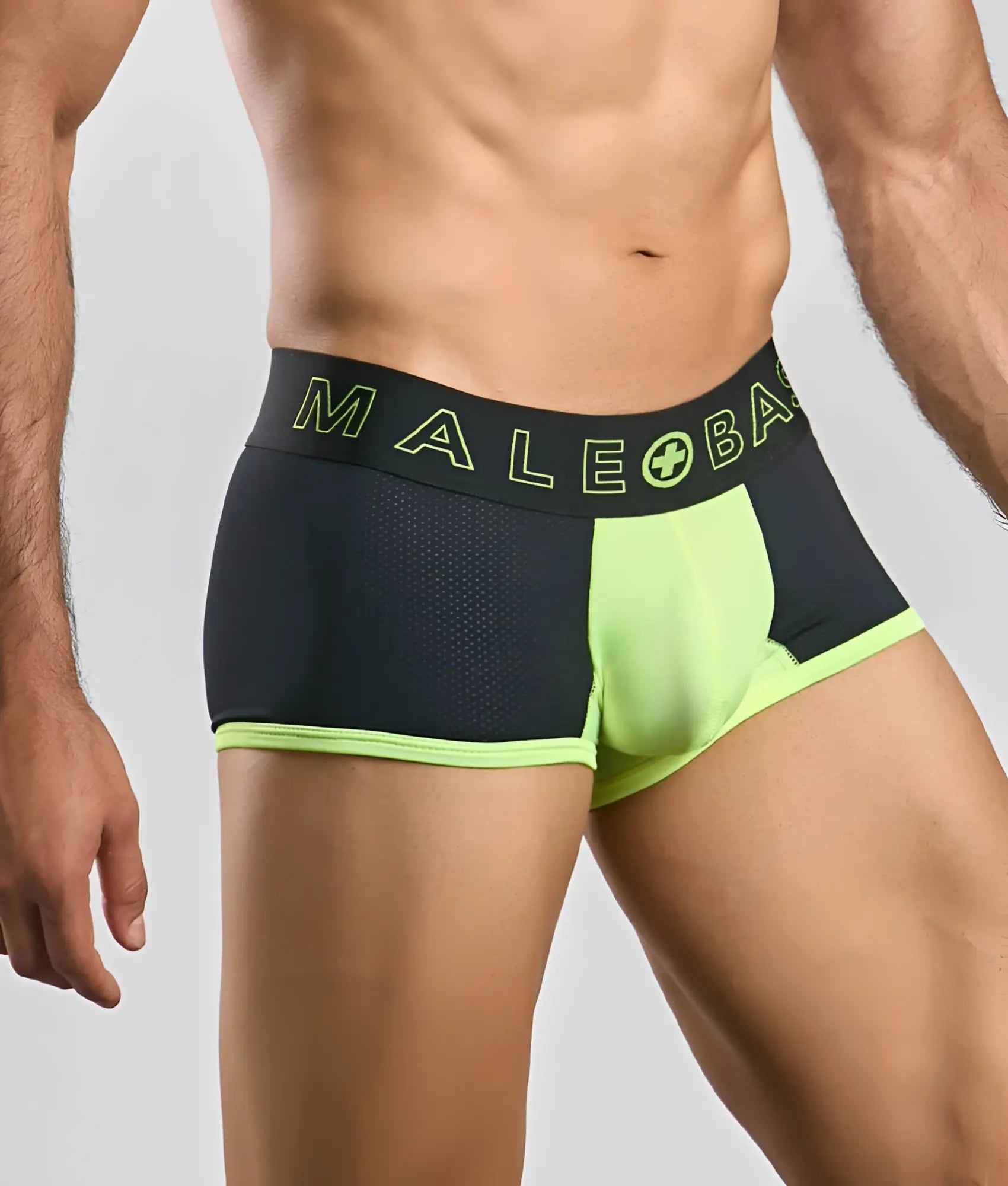 MaleBasics neon trunk black and neon green athletic briefs with mesh side panel and male+ba branding in neon green lettering